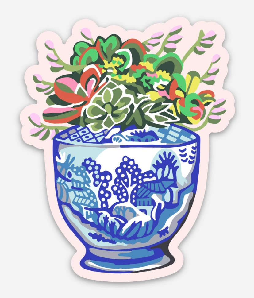 Succulents in Ginger Jar Sticker; 2.5”x1.75” Vinyl Decal; Free Shipping