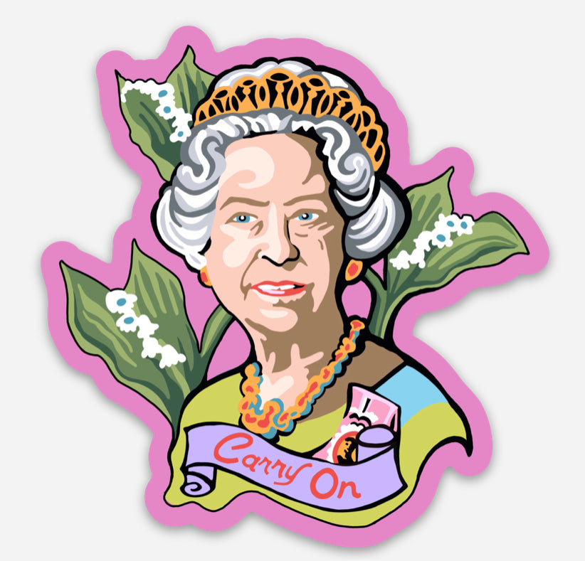 Queen Elizabeth II ‘Carry On’ Sticker; 3”x2” Vinyl Decal; Free Shipping