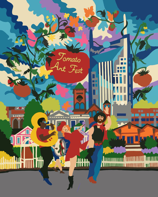Tomato Art Fest Print – 8x10 Nashville Skyline, Festival Parade – Colorful Southern Wall Art