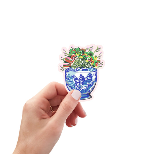 Succulents in Ginger Jar Sticker; 2.5”x1.75” Vinyl Decal; Free Shipping
