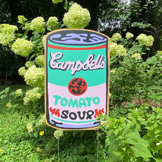 yART Tomato Soup Can Pink and Teal; 16”Hx 10”W Yard Sign Durable Colorful
