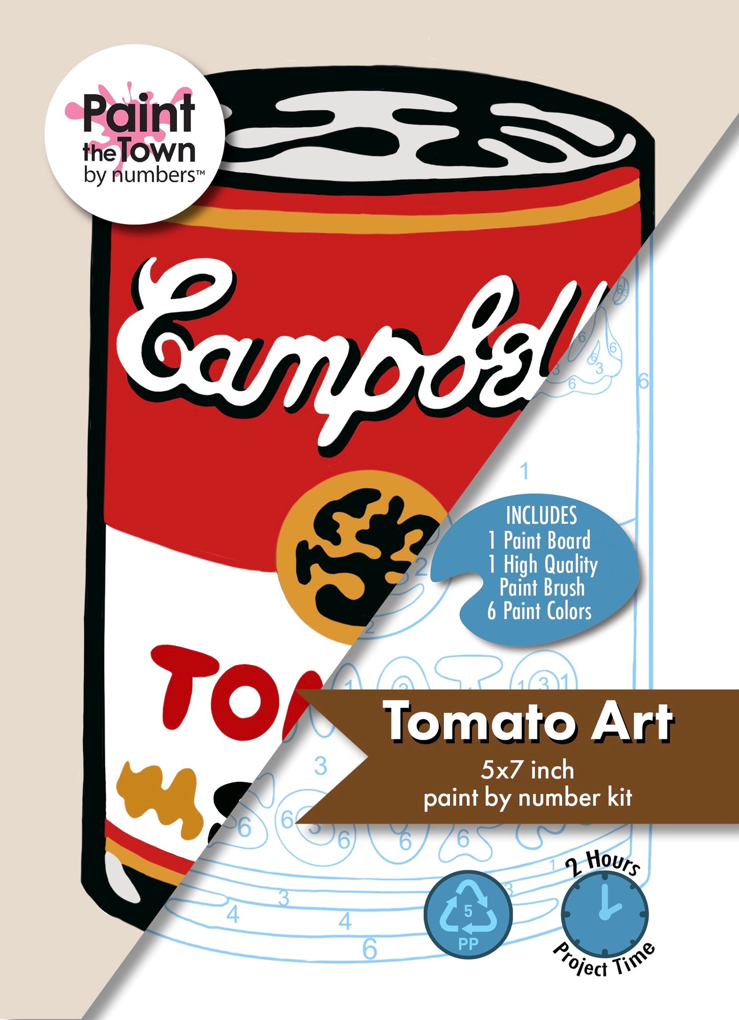Tomato Soup Can Paint by Number Kit / 5”x7” / Beige Border / 2 Hour Project / Warhol