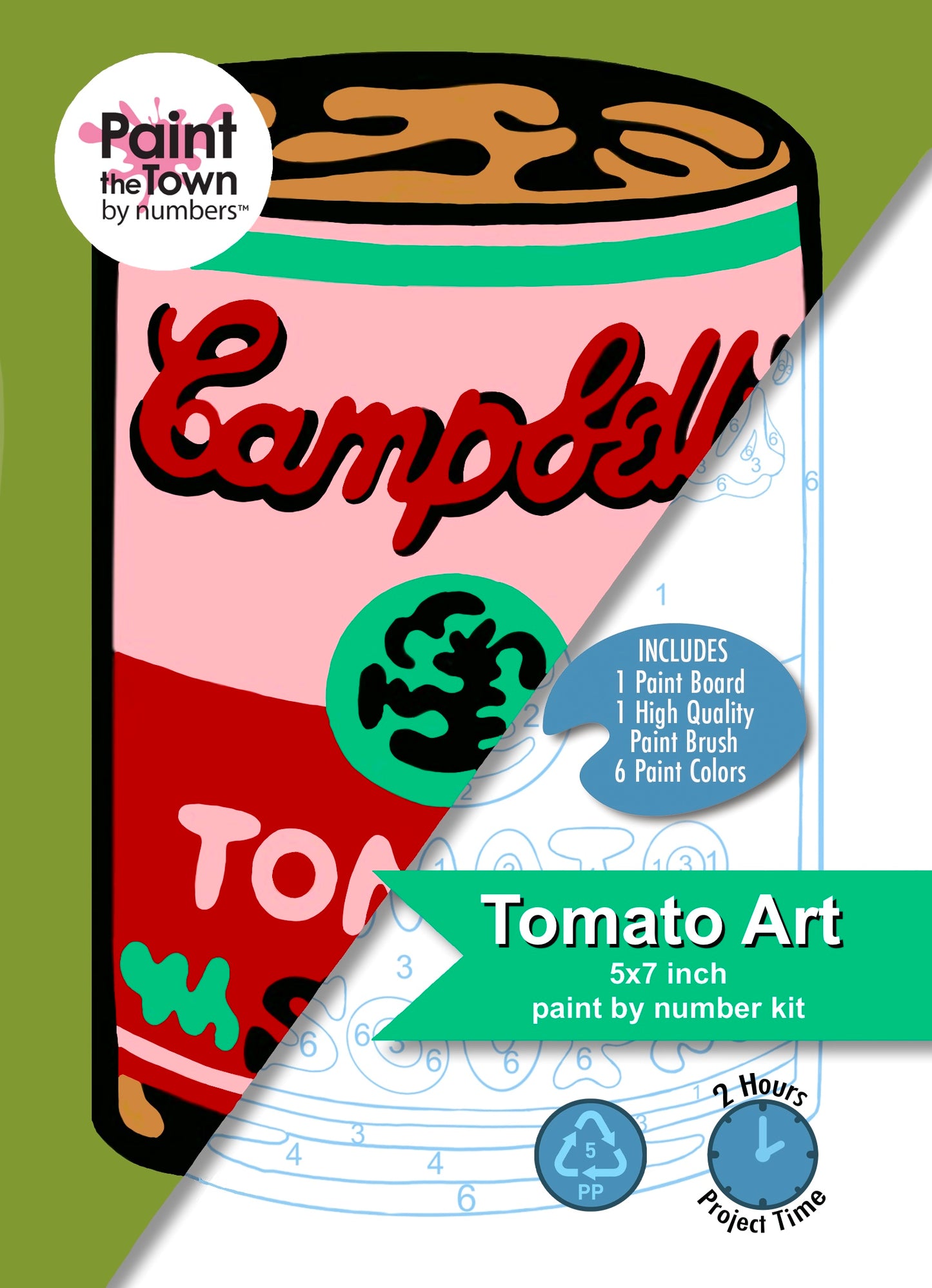 Tomato Soup Can Paint by Number Kit / 5”x7” / Green Border / 2 Hour Project / Warhol