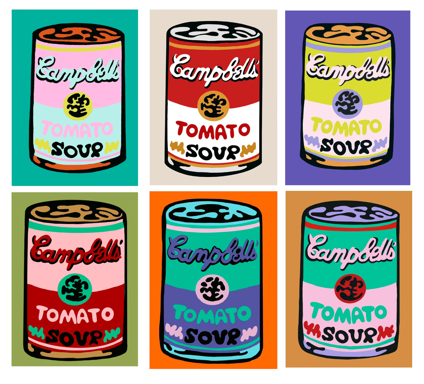 Tomato Soup Can ‘Six Pack’ Paint by Number Kit; Same 5”x7” Design on Six Paint Boards with Six Different Color Combinations and Six Paint Brushes