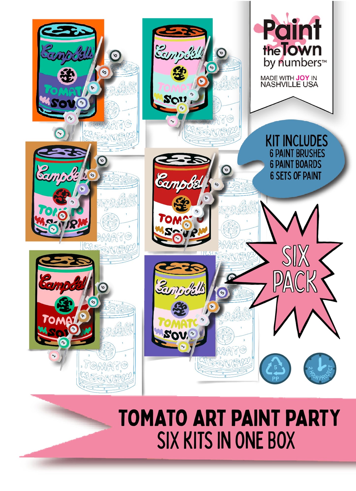 Tomato Soup Can ‘Six Pack’ Paint by Number Kit; Same 5”x7” Design on Six Paint Boards with Six Different Color Combinations and Six Paint Brushes